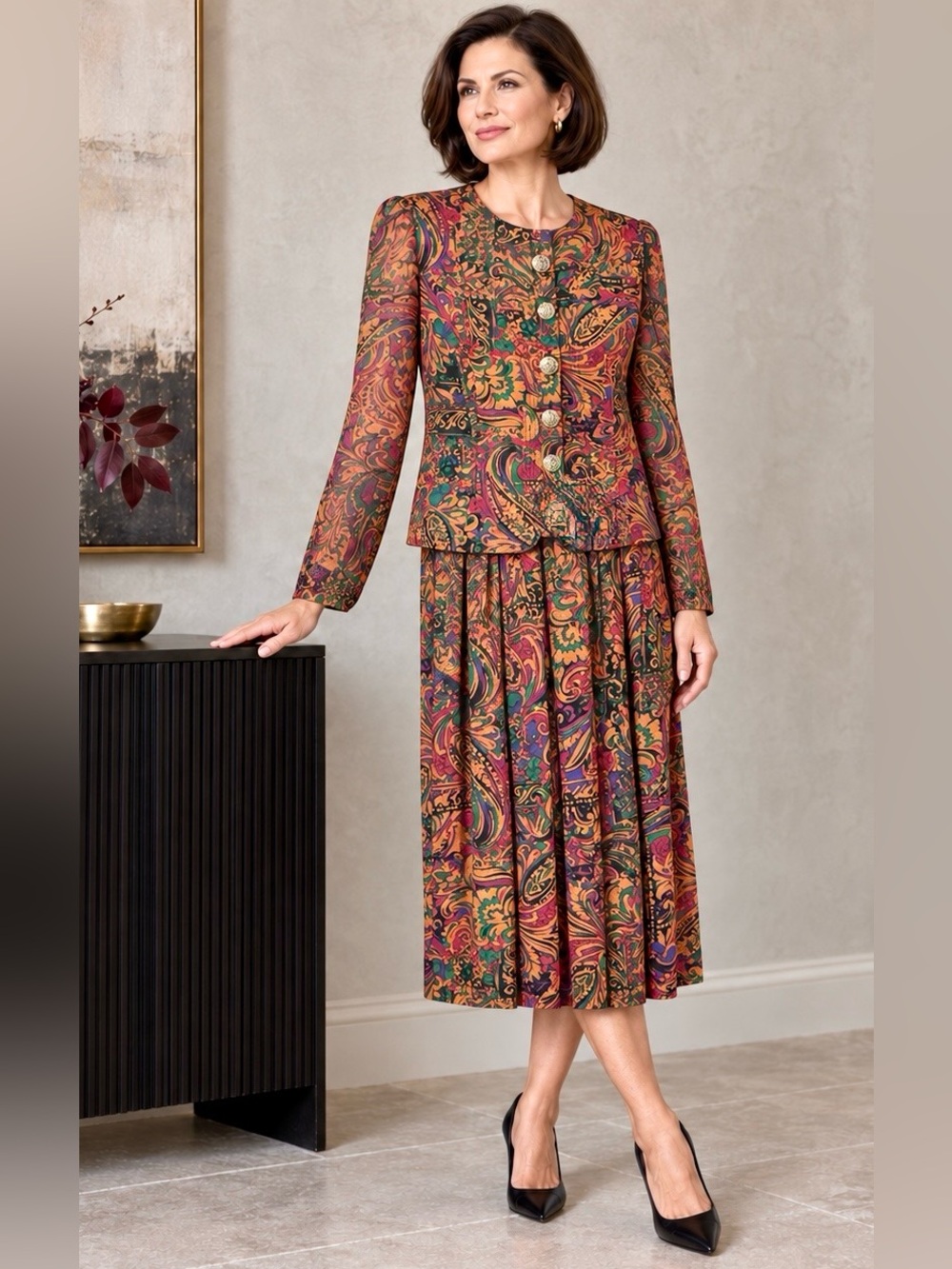 Vintage 80s Jewel Tone Paisley Chiffon Skirt Suit Jeweled Buttons M